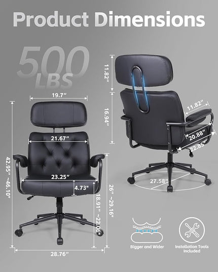 Big and Tall Office Chair 500LBS, Executive Office Chair for Heavy People, Heavy Duty Desk Chair Comfy, Computer Chair High Back PU Leather, Extra Wide Rocking Chair with Wheels Home Office, Black 2PC