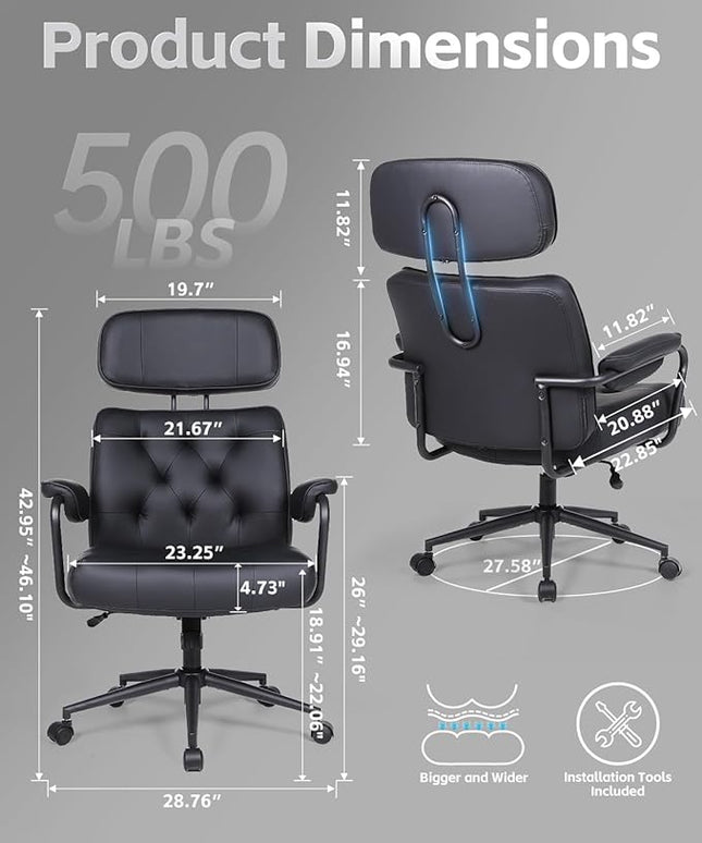 Big and Tall Office Chair 500LBS, Executive Office Chair for Heavy People, Heavy Duty Desk Chair Comfy, Computer Chair High Back PU Leather, Extra Wide Rocking Chair with Wheels for Home Office, Black