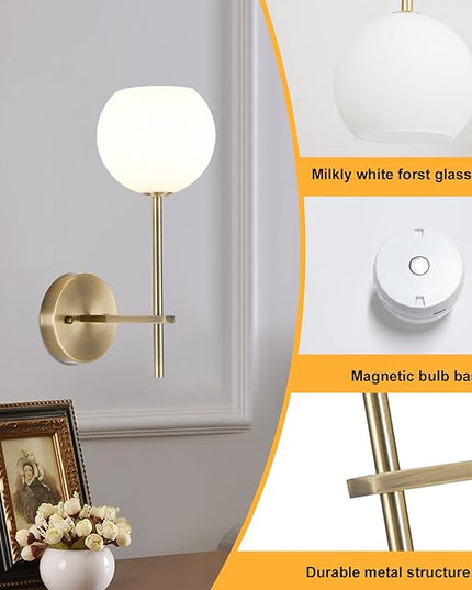Brass Battery Operated Wall Sconces Set of 2, Rechargeable Wireless Wall Lights with Milky White Frosted Glass, 12 RGB and 3CCT Dimmable, Wall Lamps with Remote for Bedroom Living Room Hallway