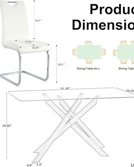 7 Piece Glass Dining Table Set, Glass Kitchen Dining Room Table Set for 6, Modern 51" Rectangular Black Glass Metal Dining Table with 6 White Leather Dining Chairs for Kitchen Dining Room
