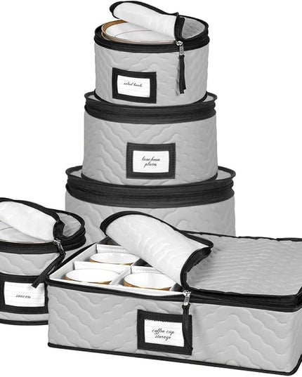 China Storage Containers 5-Piece Set Moving Boxes for Dinnerware, Glasses, Plates, Mugs and Saucers Sturdy Quilted Microfiber Dish Organizer with Dividers for Seasonal Storage - Holds Set of 12, Gray