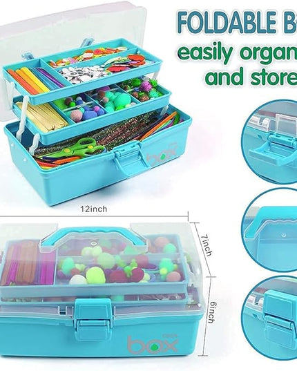 12in 3-Layer Plastic Craft Organizers and Storage, Portable Folding Tackle Box with Handle & Adjustable Dividers, Multipurpose Case for Sewing, Art Supplies, Medicine, Tools (Blue)