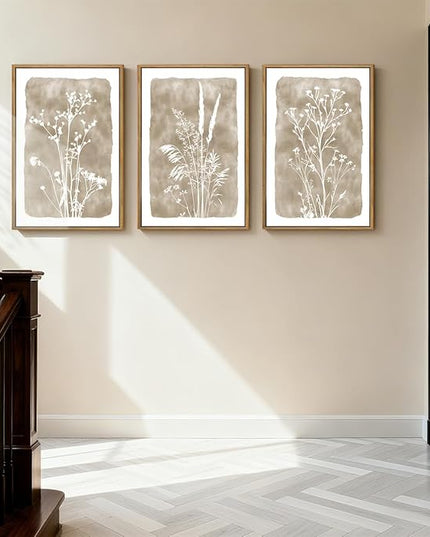 ANHUIB Beige Artwork 16x24 Inch Framed Beige Floral Wall Art Large Neutral Wildflower Wall Decor Vintage Plant Art Prints Set of 3 for Living Room Bedroom Office
