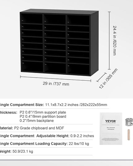 VEVOR Literature Organizers, 24 Compartments Office Mailbox with Adjustable Shelves, Wood Literature Sorter 29x12x24.4 inches for Office, Home, Classroom, Mailrooms Organization, EPA Certified Black