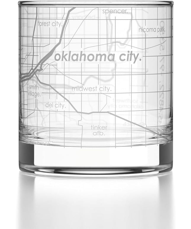 Well Told Engraved Oklahoma City Oklahoma Map Rocks Glass, Old Fashioned Glassware (11 oz, Clear) Etched Bourbon Tumbler, Gifts For Whiskey Lovers