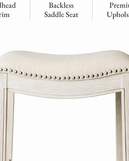 Maven Lane Adrien Backless Bar Stool – Set of 4 – 31 Inch Saddle Seat with Footrest – Cream Solid Wood Frame & Natural Fabric Upholstery – Ideal for Bars, Pub Tables & Tall Kitchen Counters