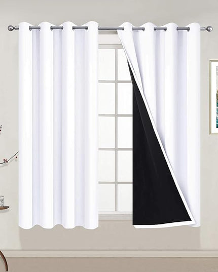 Yakamok Pure White 100% Blackout Curtains Energy Saving Thermal Insulated 2 Thick Layers Completely Blackout Drapes with Black Liner for Bedroom (52Wx54L, Pure White, 2 Panels)