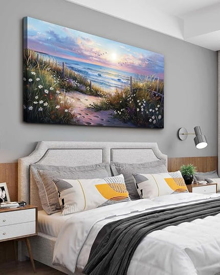 hyidecorart Large Wall Art For Living Room Canvas Wall Decor For Bedroom Blue Ocean Artwork Pictures Flower Beach Scenery Wall Painting Framed for Office Hotel Decor Modern Posters Home Decorations