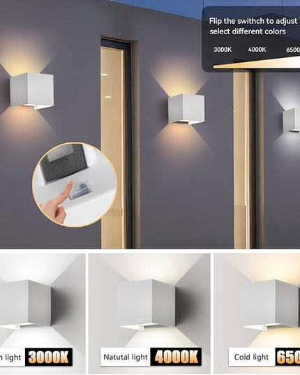 2 Pack LED Outdoor Wall Sconces Exterior/Interior,Modern Square Aluminum Wall Light Fixture ,Variable Beam IP65 Waterproof Lights.15W 3-Color-Changeable Up and Down Outdoor Lighting Fixtures（White）
