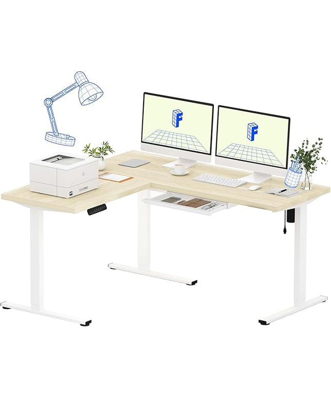FLEXISPOT L Shaped Standing Desk, 63 x 55 Inch Electric Height Adjustable Corner Desk, Sit Stand Computer Workstation, Preset Controller, Home Office, White Frame with Maple Top, White Drawer