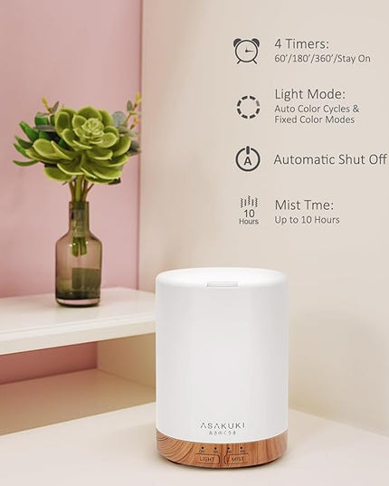 ASAKUKI 300ML Essential Oil Diffuser, Quiet 5-in-1 Premium Humidifier, Home Fragrance Aroma Diffuser with 7 LED Color Changing Light and Auto-Off Switch -Light Brown