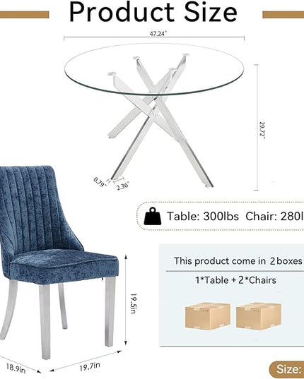 Round Glass Dining Table Set for 2, 47'' Clear Circular Kitchen Table and Chairs Set, 3PCS Modern Circle Dining Room Table Set with 2 Dining Chair for Home