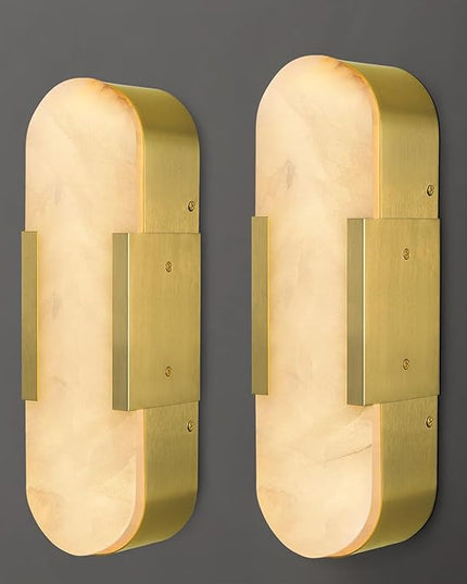 Alabaster Wall Sconce, 13.8" Natural Marble Wall Sconce, Brass Alabaster Sconces Set of Two, Indoor Modern Bathroom Sconces Wall Lighting for Living Room, Bedroom, Hallway, Stairs