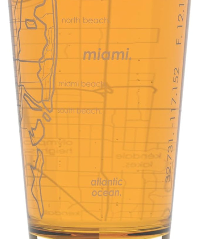 Well Told Engraved Miami Florida Map Pint Glass, Etched Beer Gift (16 oz, Clear) City Map Pint, Custom City Glassware, Gifts For Beer Lovers