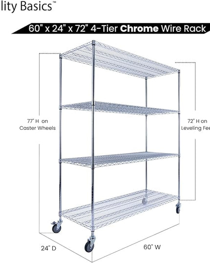 NSF Commercial 4-Tier Wire Shelving with Wheels, 60"x24"x72" Heavy Duty Metal Shelves 3200 lbs Max Capacity, Chrome Storage Rack for Garage Kitchen Pantry Warehouse