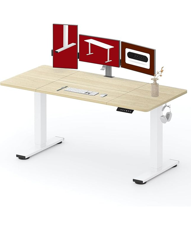 SANODESK Standing Desk Height Adjustable Electric Stand up Desk 63x32 Inches Sit Stand Home Office with Splice Board, White Frame/White Wood Grain