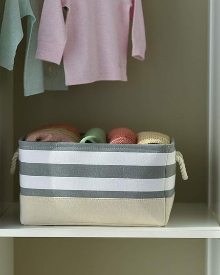 TheWarmHome Storage Basket Fabric Basket with Handles Dog Toy Basket Cloth Storage Bin Shelf Basket Decorative Storage Basket Shoe Basket Gift Basket(Grey&White Stripes-1 Pack,15.7L×11.8W×8.3H)