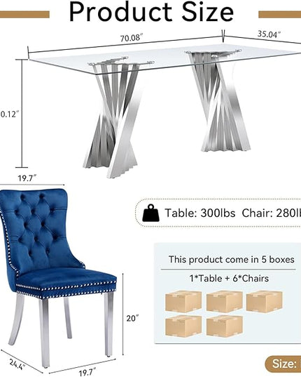 7 Piece Glass Dining Table Set,70" Dinner Room Glass Table Set for 6,Modern Kitchen Dinner Table Set with Stainless Steel Base and 6 Upholstered Velvet Dining Chairs for Living Dining Room