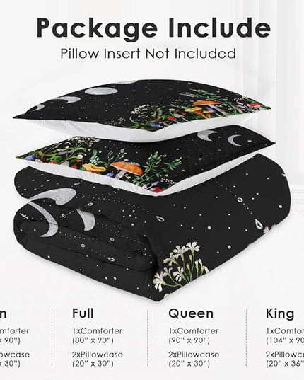 Queen Size Comforter Set with 2 Pillowcases, Mushroom Plant Floral 3 Pcs Bedding for Kids and Adults, Flower Summer Moon Night Soft Comforter Set for Bedroom Bed Decor