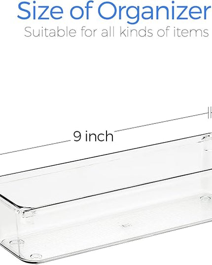 Ravinte 6 Pack Drawer Organizer - 3" X 9" Plastic Storage Bins, Acrylic Organizers with Non-Slip Pads Clear Desk Storage Tray for Makeup, Jewelries, Kitchen Utensils, Bathroom and Office
