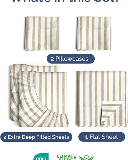 Extra Deep Split King Sheet Set - 7 Piece Breathable & Cooling Sheets - Hotel Luxury Bed Sheets Set - Easy Fit - Soft, Wrinkle Free & Comfy Sheets Set - Beige Striped Sheet Set w/Extra Deep Pockets