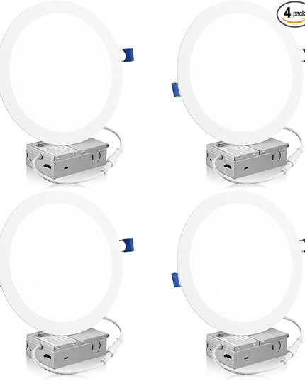 Meconard 4 Pack 8 Inch 5CCT LED Recessed Ceiling Light with Junction Box, 2700K/3000K/3500K/4000K/5000K Selectable Ultra-Thin Lighting, Dimmable 18W=125W, 1500LM, IC Rated Can-Killer Downlights, ETL
