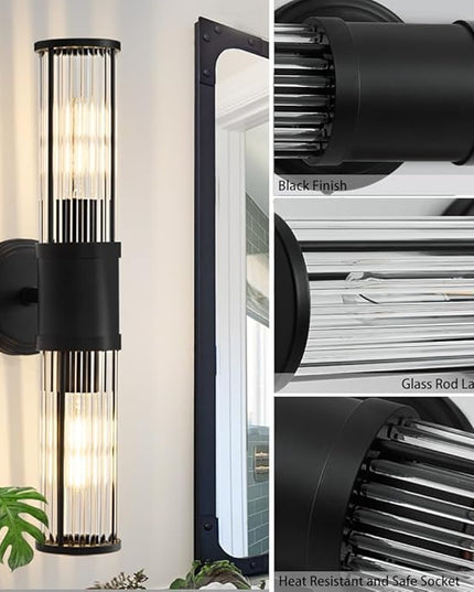 Black Wall Sconce Bathroom Vanity Light Fixtures for Mirror, Modern Wall Light with Glass Rod Shade for Bathroom, Bedroom, Hallway, Living Room - Bulb Not Included
