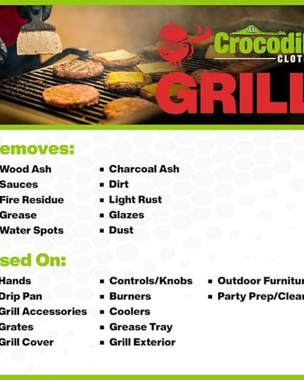 Crocodile Cloth Grill Wipes, 640 Count (8 Packs) – Extra-Large 15” x 10” Plant-Based Cleaning Cloths, Safe on Skin & Surfaces, Pre-Moistened with Aloe & Vitamin E