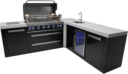 Mont Alpi MAi805-BSS90BEV Burner 115000 BTU L-Shaped 90 Degree Corner Black Stainless Steel Gas Modular Outdoor Kitchen Island BBQ Grill with Beverage Center Refrigerator + 2 Infrared Burners +Storage