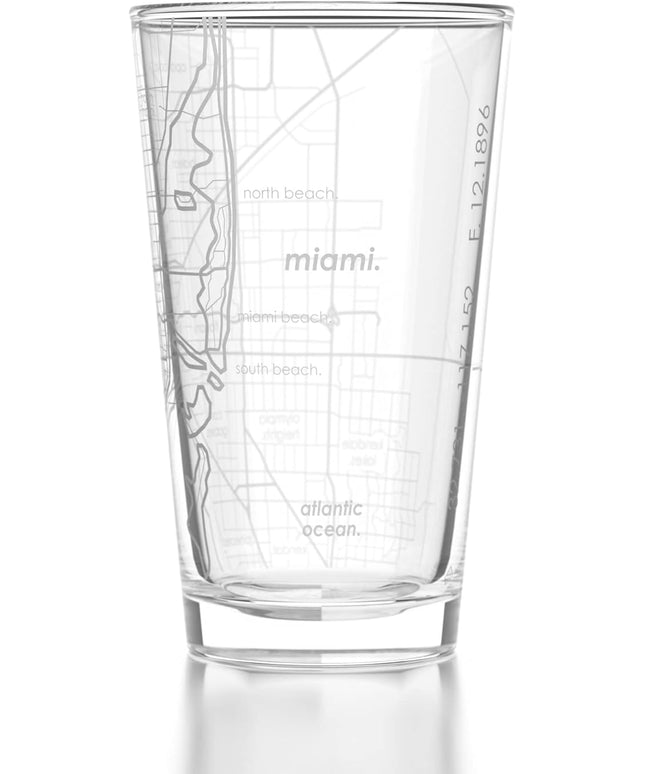 Well Told Engraved Miami Florida Map Pint Glass, Etched Beer Gift (16 oz, Clear) City Map Pint, Custom City Glassware, Gifts For Beer Lovers