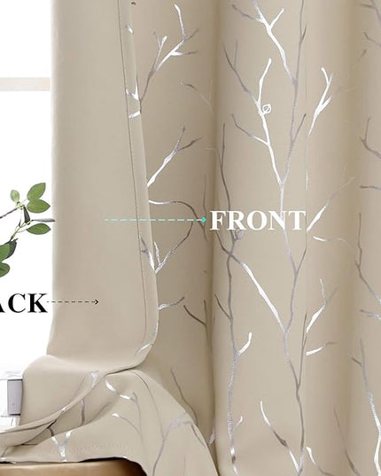 BUHUA Beige Blackout Curtains 72 Inch Lengt Long for Living Room, Room Darkening Curtains with Silver Branch Print, Grommet Thermal Insulated Window Treatment Drapes for Bedroom 2 Panels，66 x 72 Inch