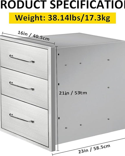Outdoor Kitchen Drawers 16" W x 21" H x 23" D Flush Mount Triple BBQ Drawers with Chrome Handle Stainless Steel Drawer for Outdoor Kitchen Island, Patio Grill Station