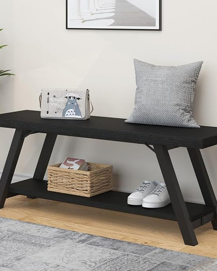 LVB Black Bench, Modern Storage Bench for Bedroom, Wood Metal Entryway Bench for Hallway Dining Living Room, Famrhouse Shoe Rack Indoor Accent Seating Benchs for Foyer Entrance, Black Oak 47 Inch Long