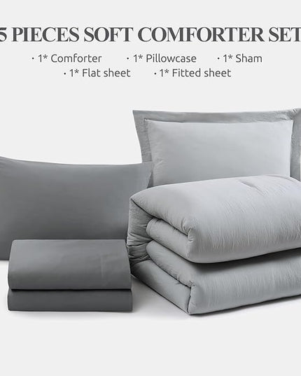 WRENSONGE Twin Comforter Set- 5 Pieces Light Grey Bed in a Bag, All Season Twin XL Bedding Sets with 1 Fitted Sheet, 1 Flat Sheet, 1 Pillow Sham and 1 Pillowcase