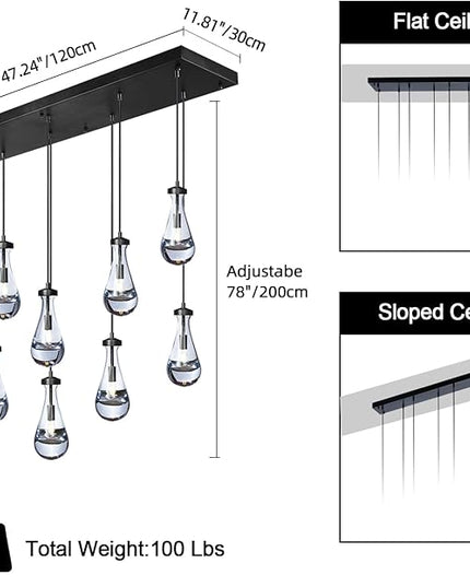 Raindrop 9-Light Chandelier for Dining Room, Black Rectangular Teardrop Pendant Lights with Hand-Blown Glass, Adjustable 138" Ropes, Light Fixture Over Table, Kitchen Island, Entryway, Foyer