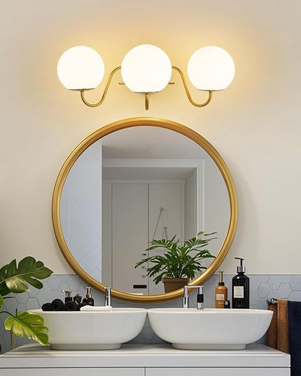 3 Lights Vintage Bathroom Vanity Light Fixtures Over Mirror, Brushed Gold Vanity Lights For Bathroom With Milk White Glass Globe Shade, Wall lights For Bedroom, Hallway, Dressing Table,Includ G9 Bulbs