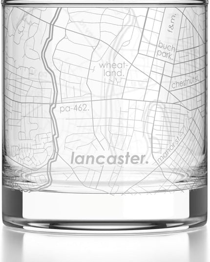 Well Told Engraved Lancaster Pennsylvania Map Rocks Glass, Old Fashioned Glassware (11 oz, Clear) Etched Bourbon Tumbler, Gifts For Whiskey Lovers