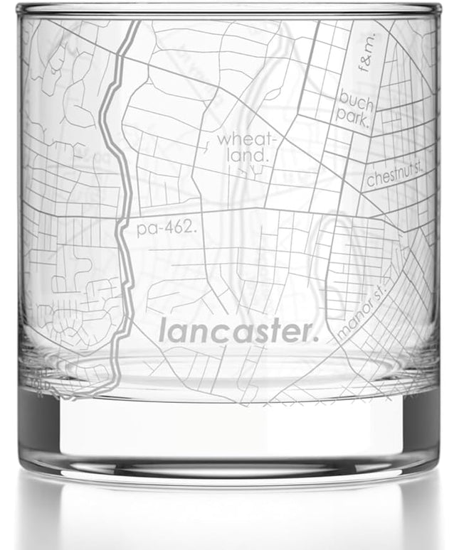 Well Told Engraved Lancaster Pennsylvania Map Rocks Glass, Old Fashioned Glassware (11 oz, Clear) Etched Bourbon Tumbler, Gifts For Whiskey Lovers
