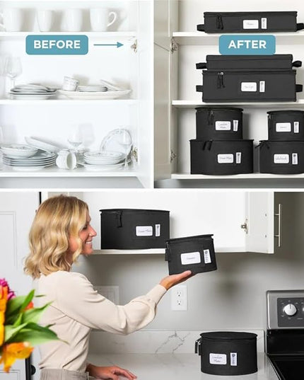 Hard Shell China Storage Containers 8-Piece Set Moving Boxes for Dinnerware, Glasses, Plates, Mugs and Saucers Sturdy Dish Organizer with Dividers for Seasonal Storage - Service for 12 - Black