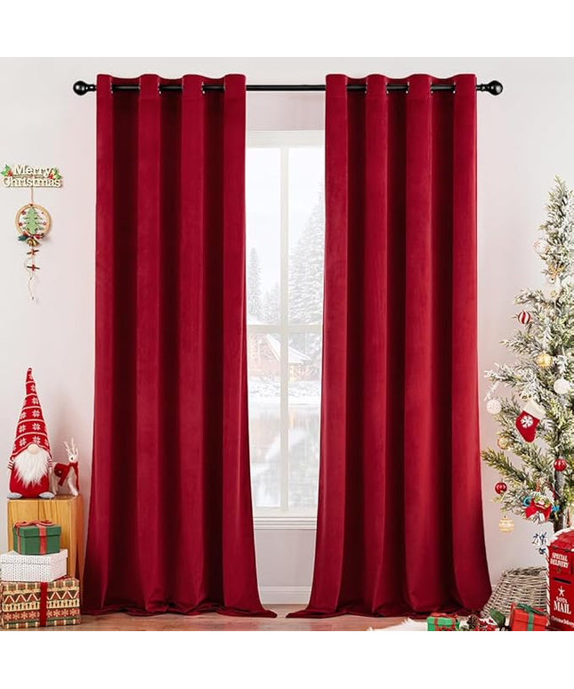 MIULEE Christmas Red Velvet Curtains Elegant Grommet Curtains Thermal Insulated Soundproof Room Darkening Black Out Drapes for Classical Living Room Bedroom Decor 52 x 96 Inch Length Set of 2
