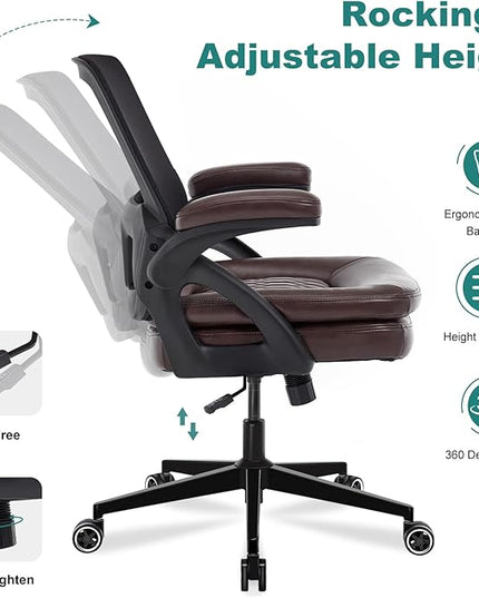 Big and Tall Office Chair, 500lbs Mesh Heavy Duty Ergonomic Desk Chair with Flip-up Armrests, Plus Size Wide Seat in PU Leather, 360 Swivel Computer Executive Task Chair for Home Office (Brown)