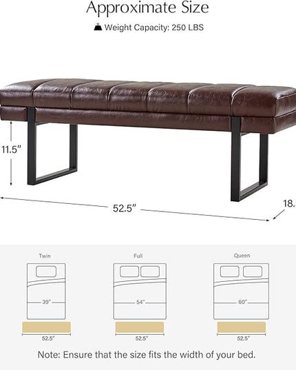 HULALA HOME 53" Faux Leather Entryway Bench, Button Tufted End of Bed Bench Ottoman for Bedroom, Living Room with Metal Base,Brown