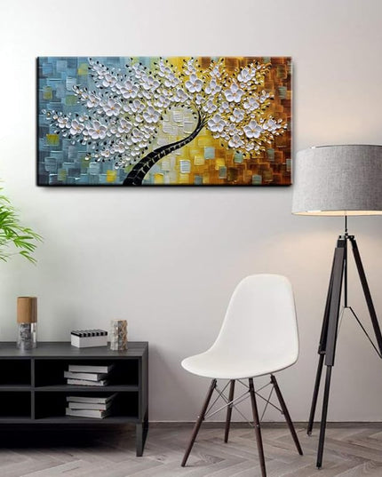 YaSheng Art-Handmade White Flower Contemporary Art Oil Painting On Canvas 3D Texture Abstract Tree Paintings Modern Home Bedroom, Dining Room, Wall Art Decor Ready to Hang20x40inch