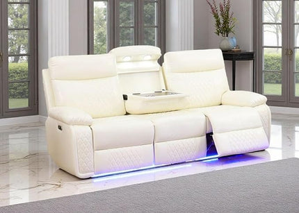 Power Recliner Sofa Sectional Couches with LED Light, Leather Reclining 3-Seat Sofa, Living Room Furniture, Reclining Sofa with Cup Holders/Storage Console for House(Vanilla White)