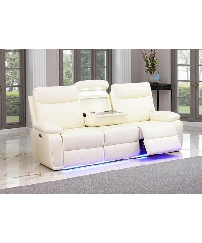 Power Recliner Sofa Sectional Couches with LED Light, Leather Reclining 3-Seat Sofa, Living Room Furniture, Reclining Sofa with Cup Holders/Storage Console for House(Vanilla White)
