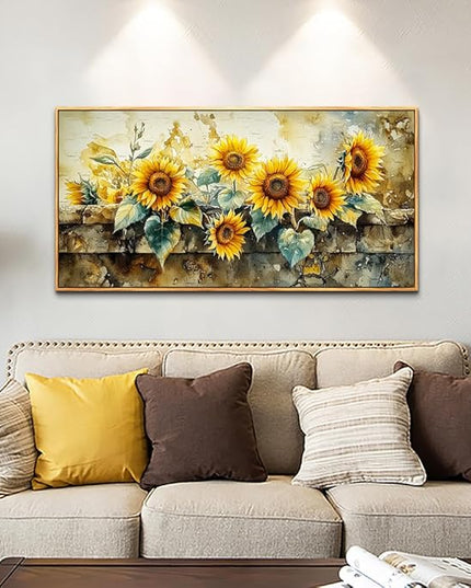 ERQINHUA Large Wall Decor Canvas Painting Wall Art For Living Room Decor Vintage Yellow Sunflower Painting Wood Frame DecorPrint Artwork For Dining Room Bedroom Bathroom Kitchen Home Decor 24x48 In
