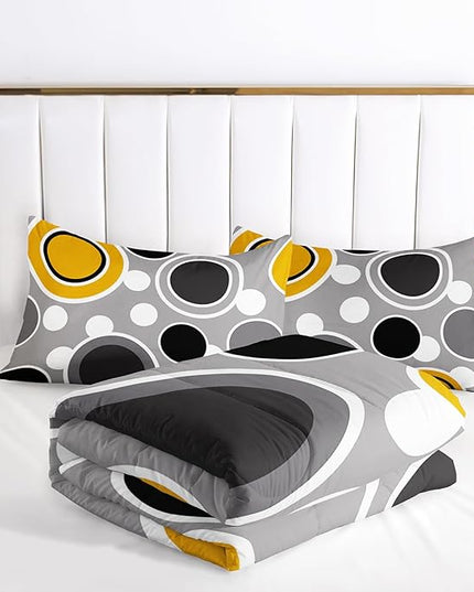 AILONEN Black Yellow Grey Comforter Set Full Size, Abstract Circles Dots Modern Geometric Themed Bedding Set,3-Piece Soft Microfiber,1 Comforter + 2 Pillowcases (Boys/Girls/Adults)