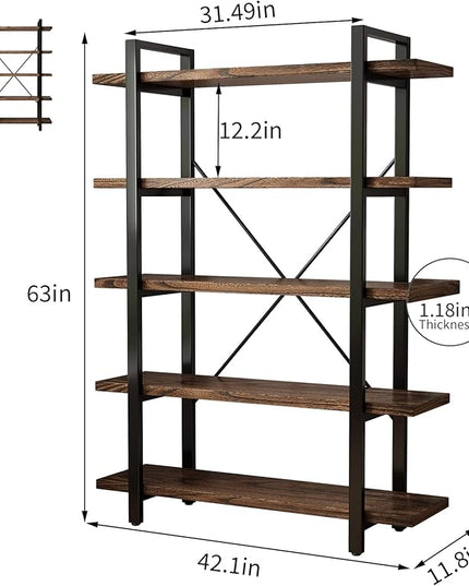 5-Tier Industrial Style Solid Wood Bookcase and Book Shelves,Rustic Wood and Metal Shelving Unit， Living Room,Modern Rustic Open Industrial Book Shelf Office,Distressed Brown (AY-02-5Tier)