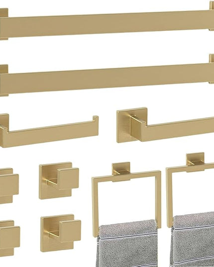 Bathroom Accessory Towel Bar Set: 10 Pieces Gold Square Bathroom Hardware SUS304 Stainless Steel - 24 Inch Wall Mounted Towel Rack&Toilet Paper Holder&Towel Ring and Towel Hook