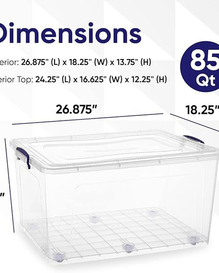 Superio Storage Bins with Lids- Clear Boxes for Organizing, Stackable Plastic Containers- BPA Free, Non-Toxic, Odor Free, Organizer for Home, Office, Dorm (6 Pack, 85 Qt (Wheeled))